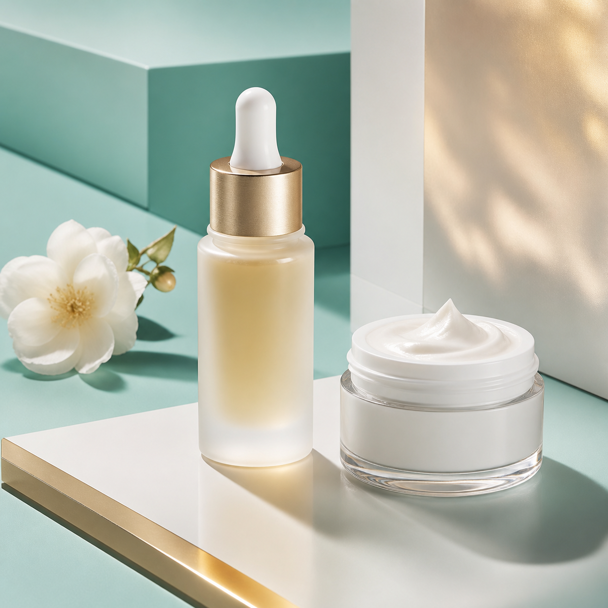 Sérum e creme de autocuidado em cenário Tiffany